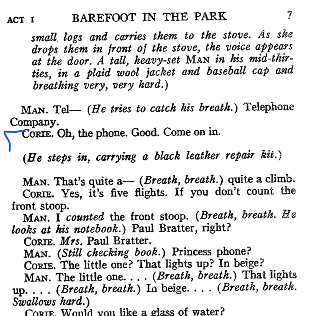 Excerpt from the play "Barefoot in the Park," with mention of the telephone man discussed in the post.